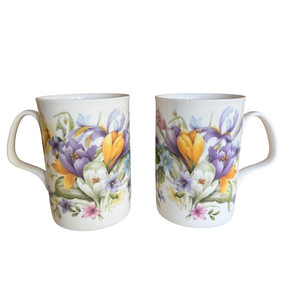 Springfield Bone China Mugs Set of 2 Floral Iris Crocus Made in England 4in